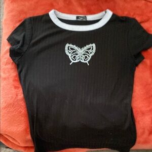 Rue21 Black Tee with White Trim and Butterfly Design